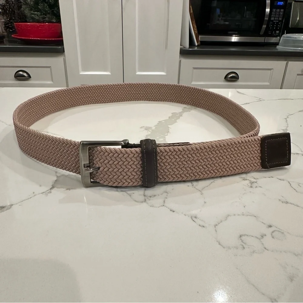Men’s Beige Neutral Brown Woven Braided Leather Belt Classic Stretch Size 40